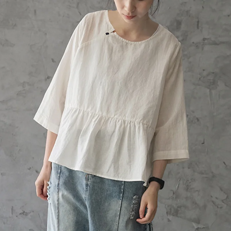 SCUWLINEN 2019 Для женщин летние топы Винтаж Повседневное сплошной вышивкой Империя Pleat