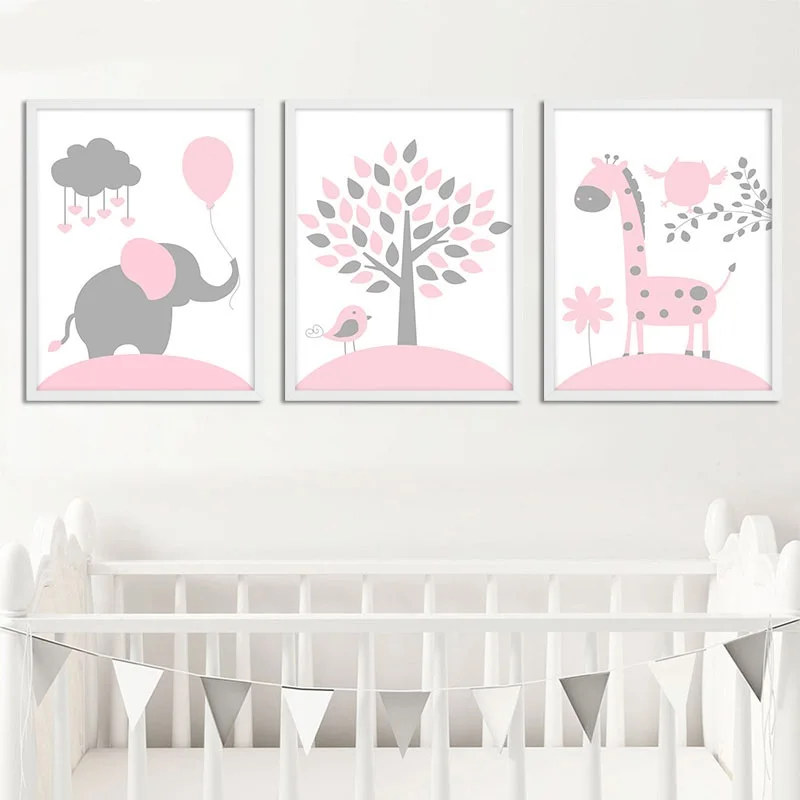 

Poster Nordic Cartoon Elephant Giraffe Tree Posters and Prints Pink Abstract Painting Nordic Kids Decoration Picture Girls Decor
