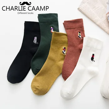 

5Pieces/lot Autumn Winter New Women Socks Middle tube Cotton Cute Cartoon Cat Embroidery Ladies Trend Casual Pile Pile Sock S210