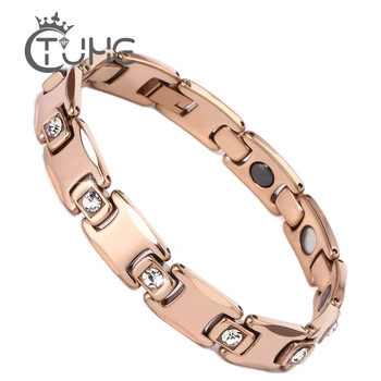 

Negative Ion Ceramic Rose Gold Healthy Magnetic Bracelet With Big Crystal Bio Elements Germanium Bracelet For Women Men Jewelry