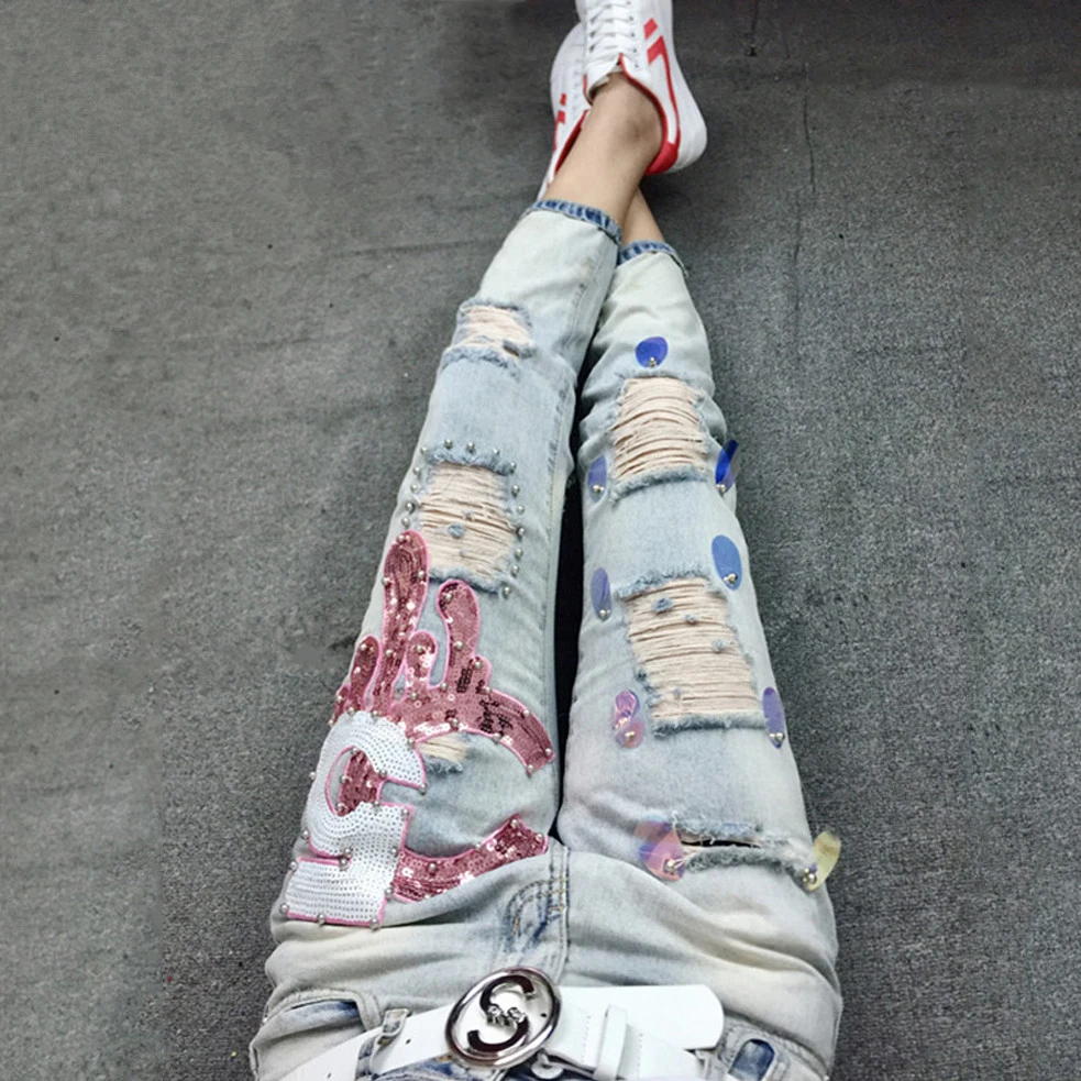 

Vintage Ripped Jeans Women Pants Casual Trousers For Ladies Blue Skinny Denim Calf Length Jeans Sequin Hole Blue Jeans