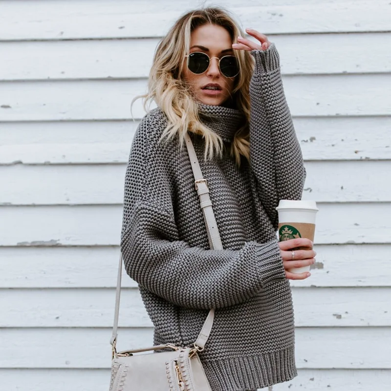 

women 2018 winter thick pullovers sweater Christmas turtleneck loose Solid color large size OL commuter gray/black/red sweaters
