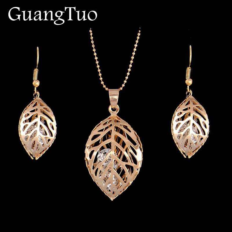 

Hollow Leaf Jewelry Sets Simple Crystal Drop Earrings Necklace Women Fashion Wedding Jewelry Fashion Bijoux Boho Pendientes