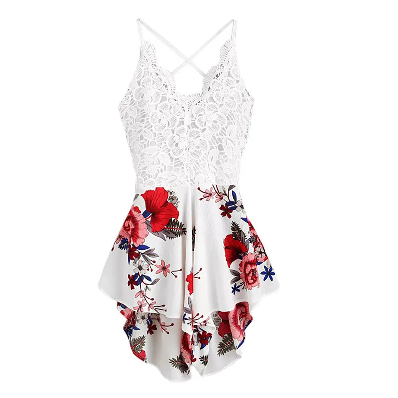 

Hot Sale New Crochet Lace Panel Back Florals Romper Womens V neck Criss Cross Sleeveless Playsuit 2018 Sexy Summer Romper P415