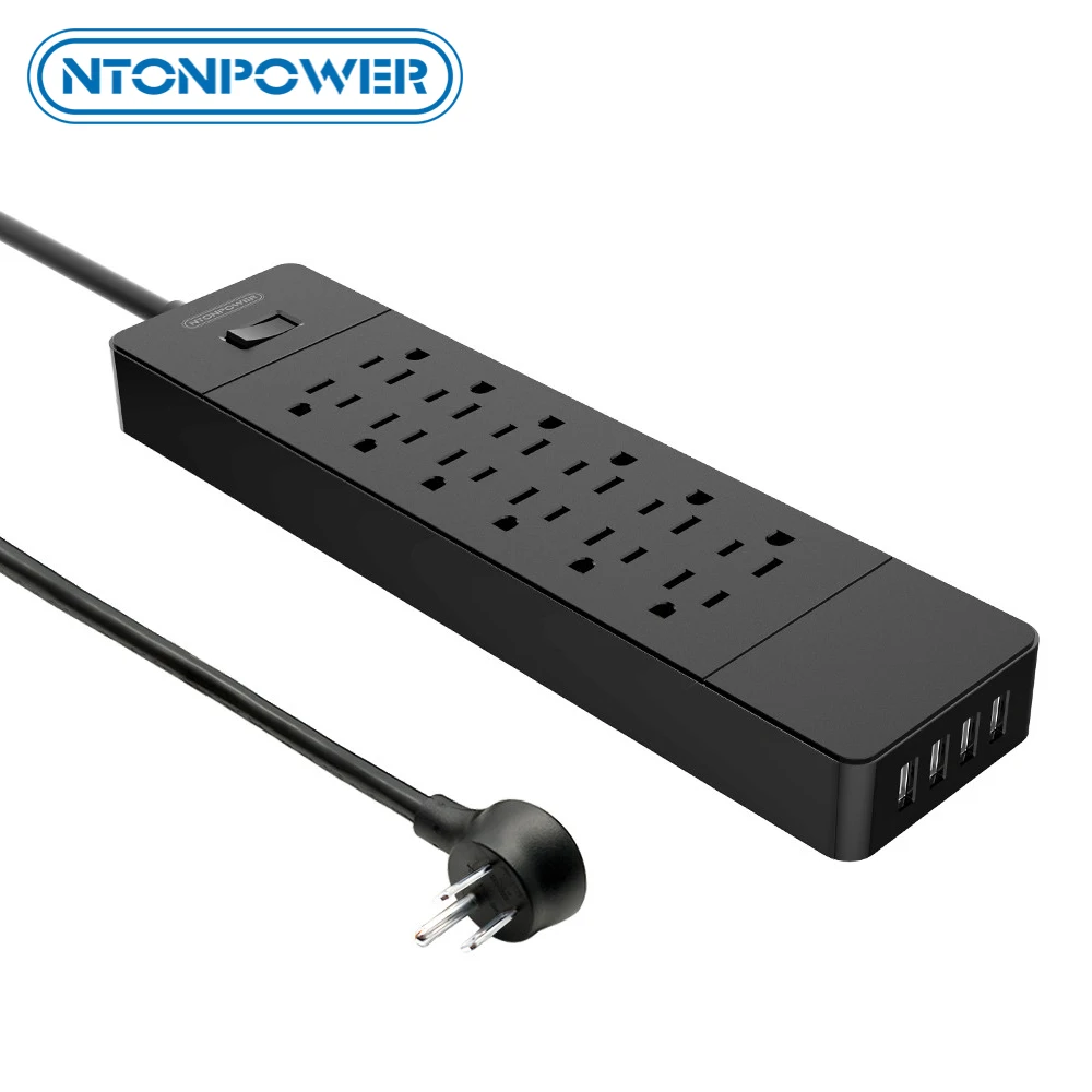 

NTONPOWER USB Power Strip Surge Protector US Plug 12 AC Outlets USB Charger 4 Ports, Hanging Slot for Mounted, 1.5M Power Cord