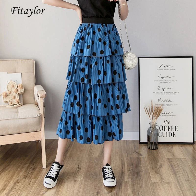 

Fitaylor Women Spring Chiffon Long Skirts Polka Dot Print High Waist A-line Skirt Cake Layered Ruffled Vintage Mid-calf Skirt