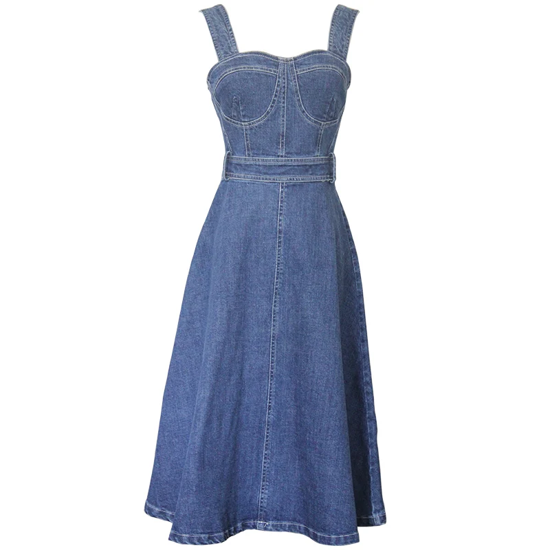 

plus size 2XL! Jeans Spaghetti Strap Dress For Women Fashion high waist slim Backless Denim Dress a-line