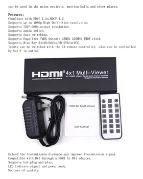 

HDMI 4x1 Quad Multi-viewer with PIP Support Seamless Switch HD Video Splitter Compliant with HDMI 1.3a HDCP 1.2 3D 1080P