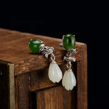 

925 Orchid Flower Earrings Sterling Silver Natural Stone Vintage Drop Earring For Women Thai Silver Fine Jewelry Brinco