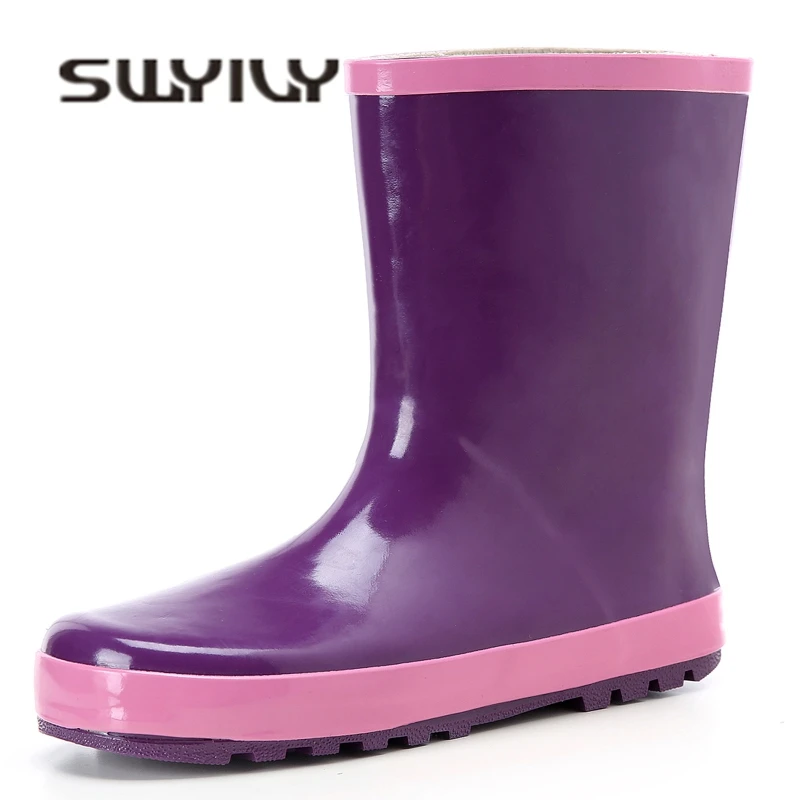 

SWYIVY Woman Rainboots Rubber Mid High Water Shoes Autumn 2018 Comfortable Female Waterproof Rain Boots Purple Flat Rainboots