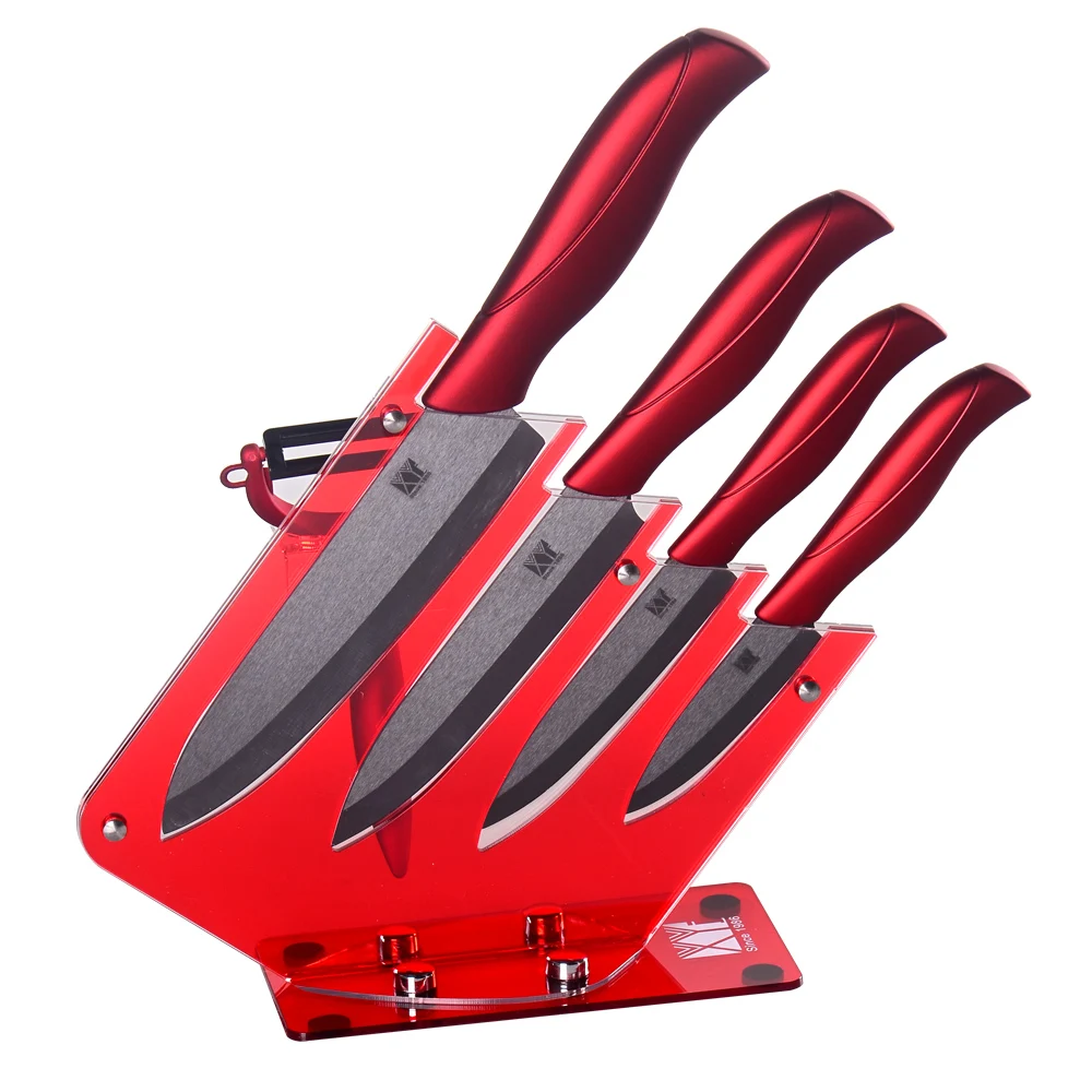 Sharp Durable Red Handle Ceramic Knife 4 Piece Knife One Peeler Knife Holder High Quality Kitchen