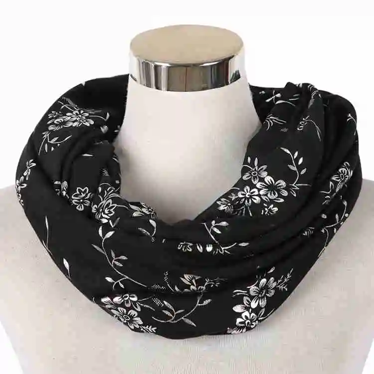 Winfox модная темно-синяя черная Блестящая лента из фольги круглый шарф женский цветочный Блестящий шарф-шаль для женщин - Цвет: Черный