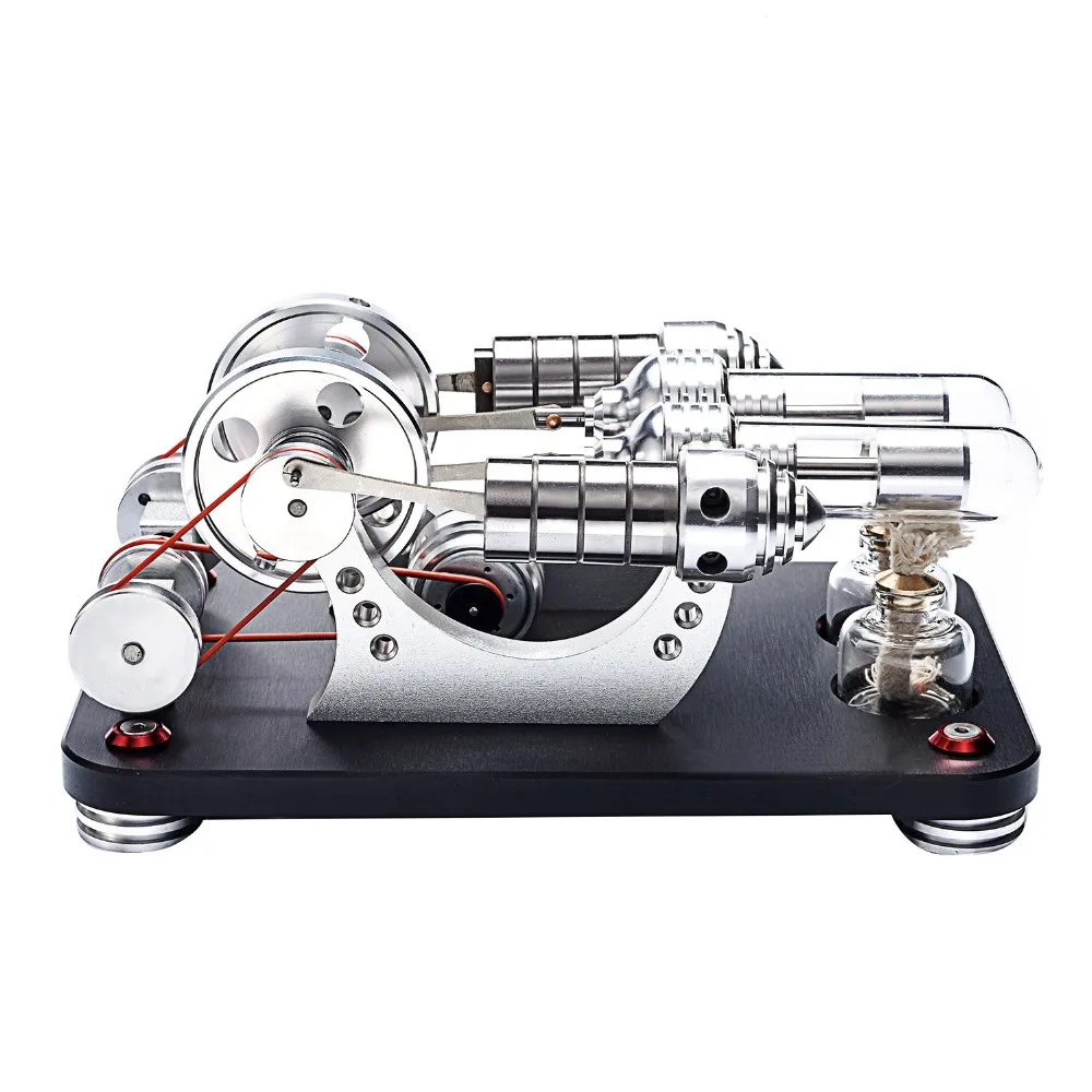 2 Double Cylinder Hot Air Stirling Engine Motor Model Physics Steam Power Toy