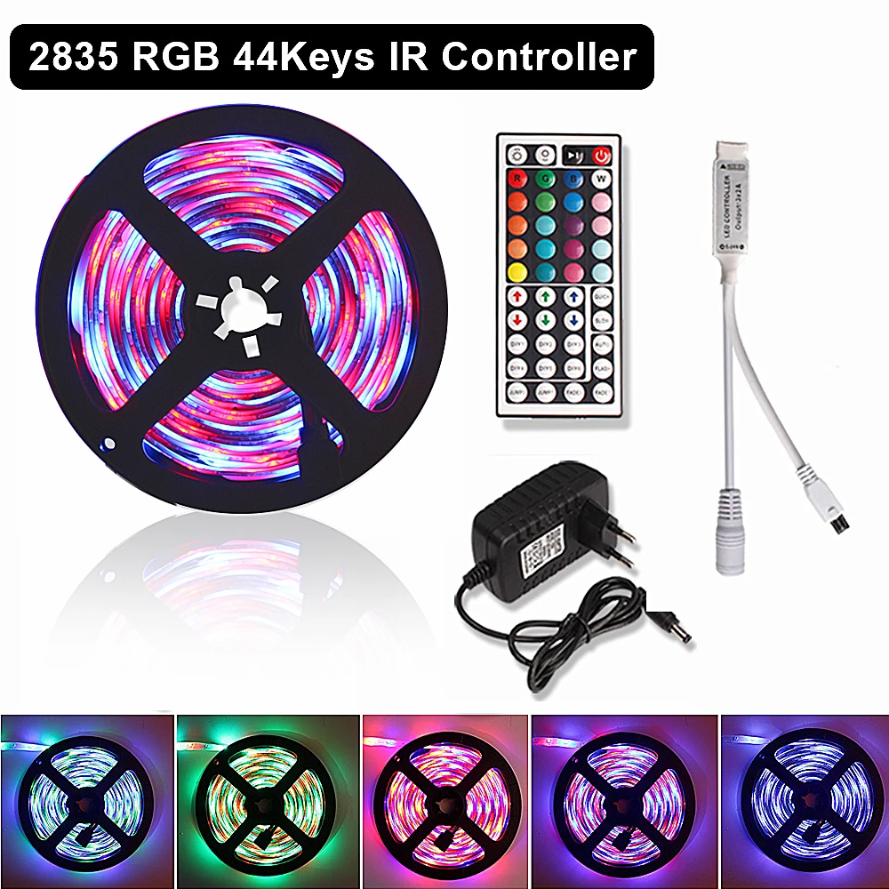 

SMD 2835 RGB LED Strip Waterproof Flex Neon Tape Tira LED Light Strip Fita LED Ribbon 5M Ledstrip + 44key Controller 12V Adapter