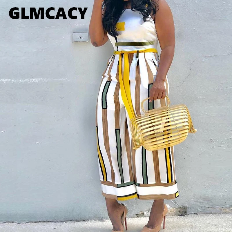 

Plus Size Women Summer Sleeveless Palazzo Overalls Contrast Striped Backless Ladies Sashes Wide Leg Jumpsuit Wide Leg Overalls
