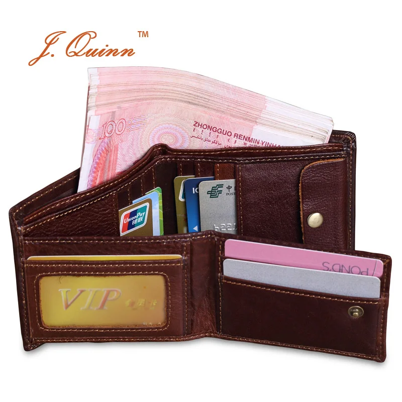J.Quinn Retro 12 Card Wallet Genuine Leather Short Wallets for Men Brown Bifold Soft Dollar ...
