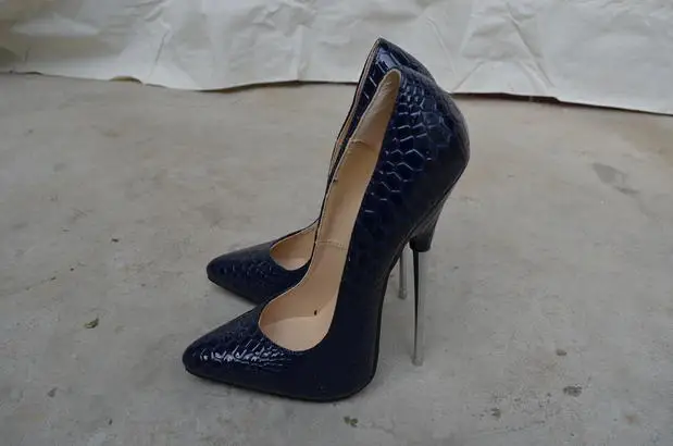 16cm Heel Hot Women's Dark Blue Pumps Snake Pattern PU Leather Metal Heel Plus Size Shoes Fashion Lady A4