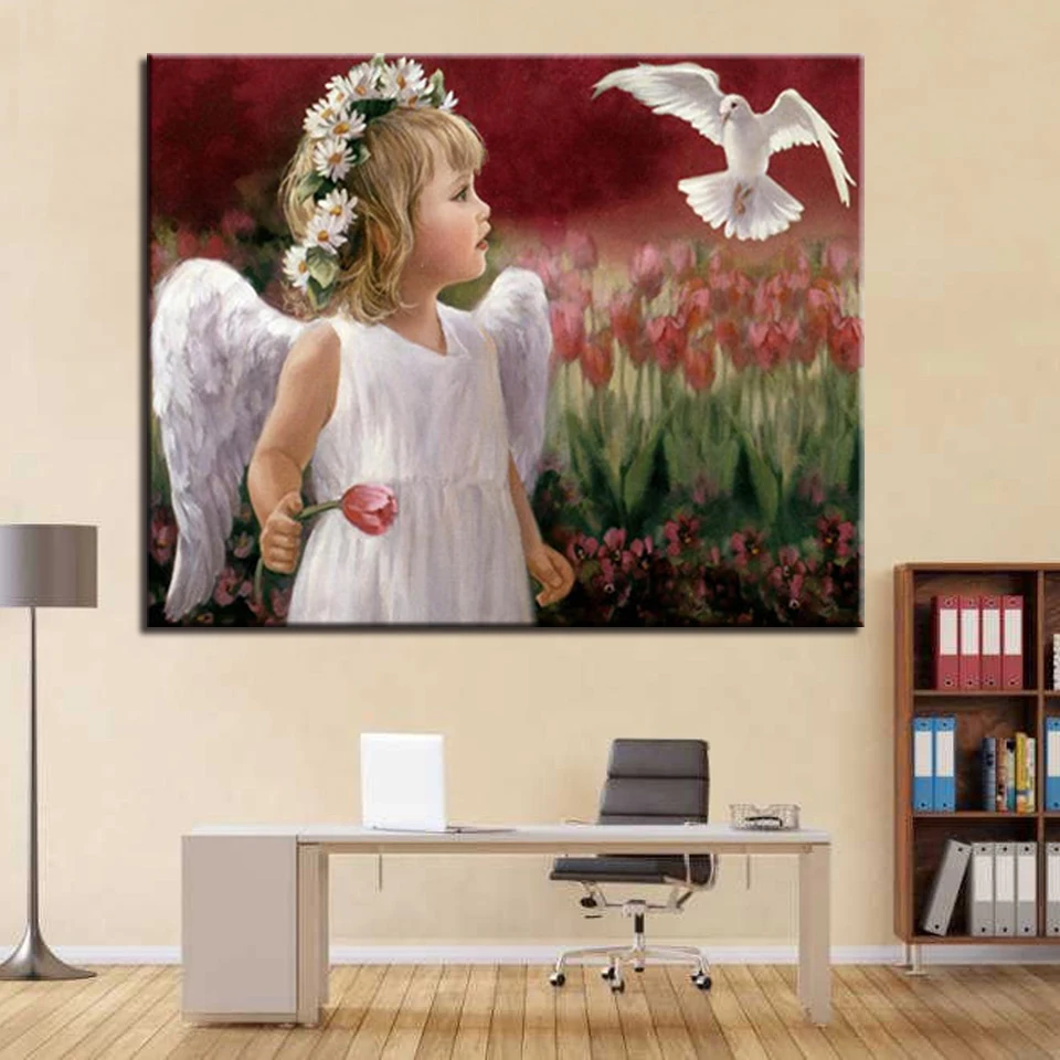 

DIY Coloring Pictures By Numbers Oil Painting Angel Child And White Dove Calligraphy Canvas Framework For Living Room Drawing