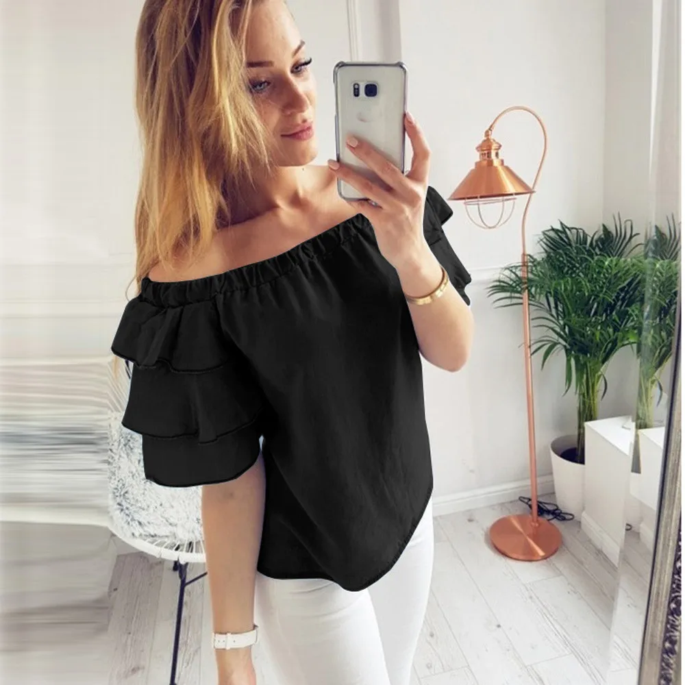 

FEITONG Off Shoulder Blouse Womens Loose Shirt Fashion Ladies Summer Style Casual Slash Neck Top blouse femme ete 2017 *20
