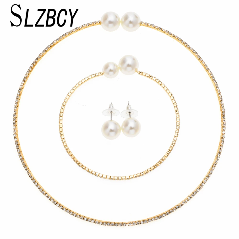 

SLZBCY Women Rhinestone Pearl Jewelry Sets Gold Silver Color Luxury Wedding Necklace Chokers Bangle Bracelet Stud Earrings