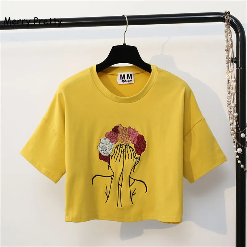 Merry Pretty/Новинка; стильная женская футболка в стиле Харадзюку; футболка с вышивкой; милая хлопковая Футболка; Забавный летний укороченный топ для девочек - Цвет: Оранжевый