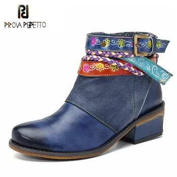 

Prova Perfetto New Genuine Leather Women Boots Vintage Bohemian Ankle Boots Zipper Low Heel Ladies Shoes Woman Cowboy Boots
