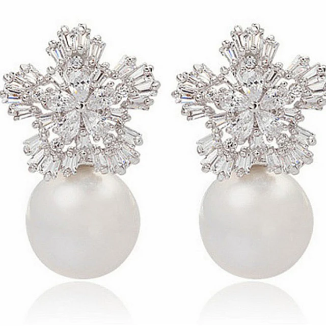 boucle d oreille perle en Imitation de perles pour femmes, bijoux en cristal, flocon de neige – Image 2
