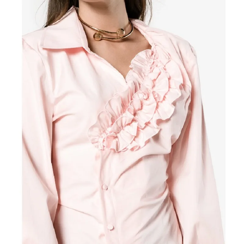 

ZJYT Pluz Size 2018 New Arrival Turn Down Collar Ruffled Decoration Blouse Women Long Sleeve Slim Pink Office Shirts