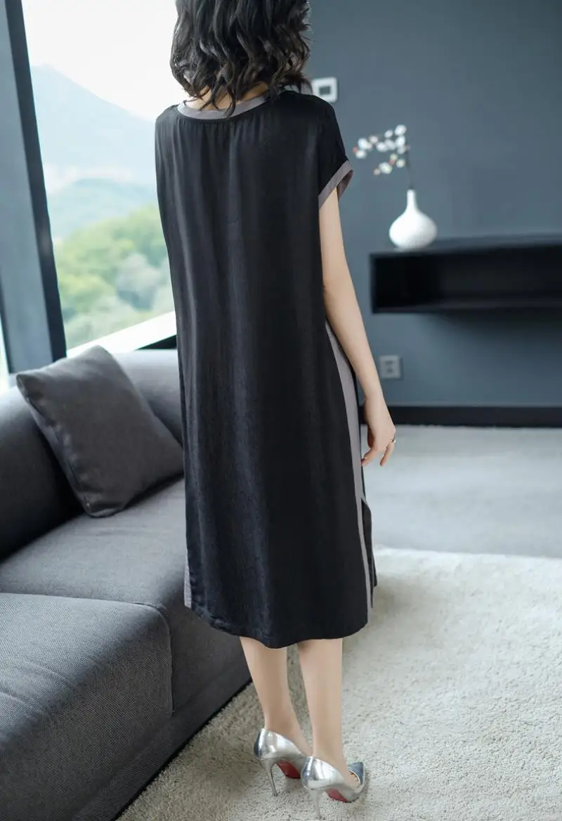 2018 Summer New Style Simple Fashion  Stripes Soft 100% Real Silk Straight Dress Female Casual Loose Short Sleeve Dress