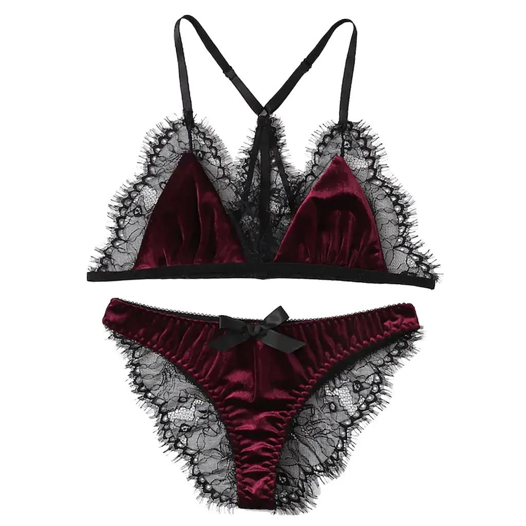 

Elegant Velvet Eyelash Lace Seamless Wire Free Patchwork Bralette Set Sexy Thin Cup Bra Brief Set Women Underwear Set Lingerie