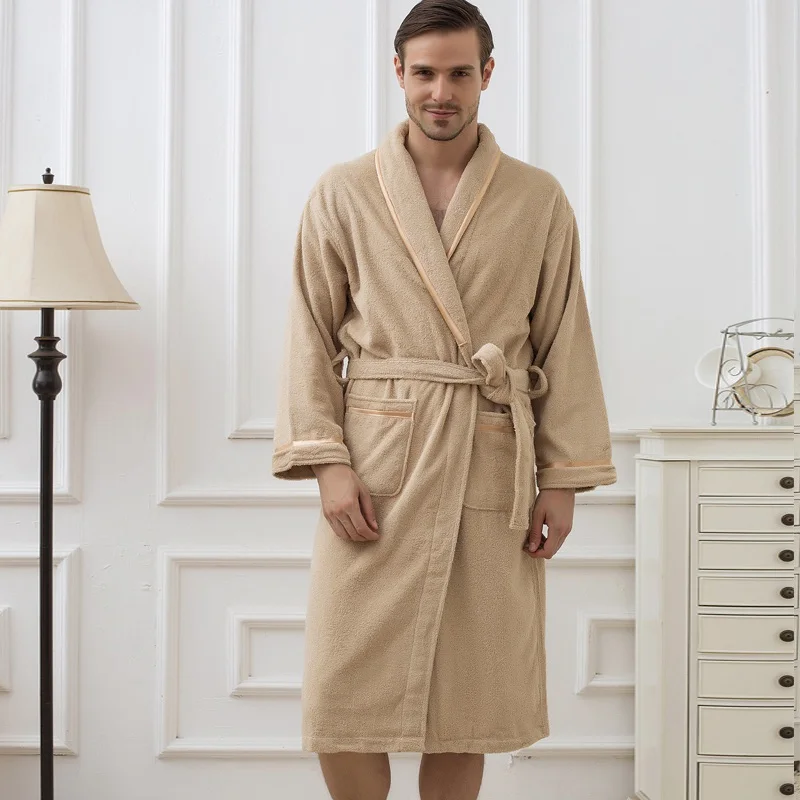 BROWN New Winter Bathrobe Men Towel Fleece Warm Soft Cotton Long Sleep Kimono Robe Bathrobe Male Dressing Gown Robes Plus Size XL - Цвет: BROWN