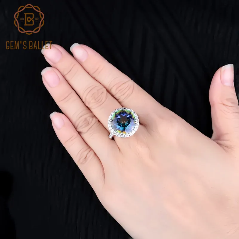 Gem's балетные 925 пробы серебряные коктейльные кольца 13.00Ct натуральный Blueish мистический кварцевый камень кольцо для женщин ювелирные украшения