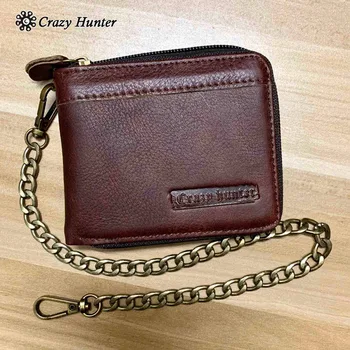 

Cowhide Leather zipper credit card ID Wallet w/ Chain Father Man Friend gifts