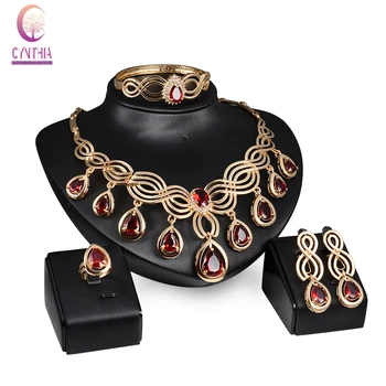 

Fashion Austria Crystal Water drop Red Black Green Zircon necklace jewelry sets Classic design Gold color women Party gift