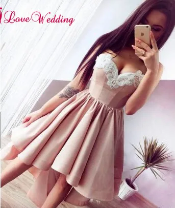 

New Fashion 2018 Sweetheart Lace Applique Pink Satin Asymmetical Skirt Cheap Long Prom Dresses