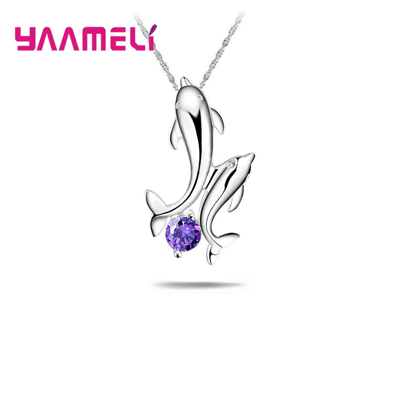 

hot Sale Style Double Dolphin Super Cute 925 Silver Pendant Necklace For Women Valentines Day Best Gift Free Shipping