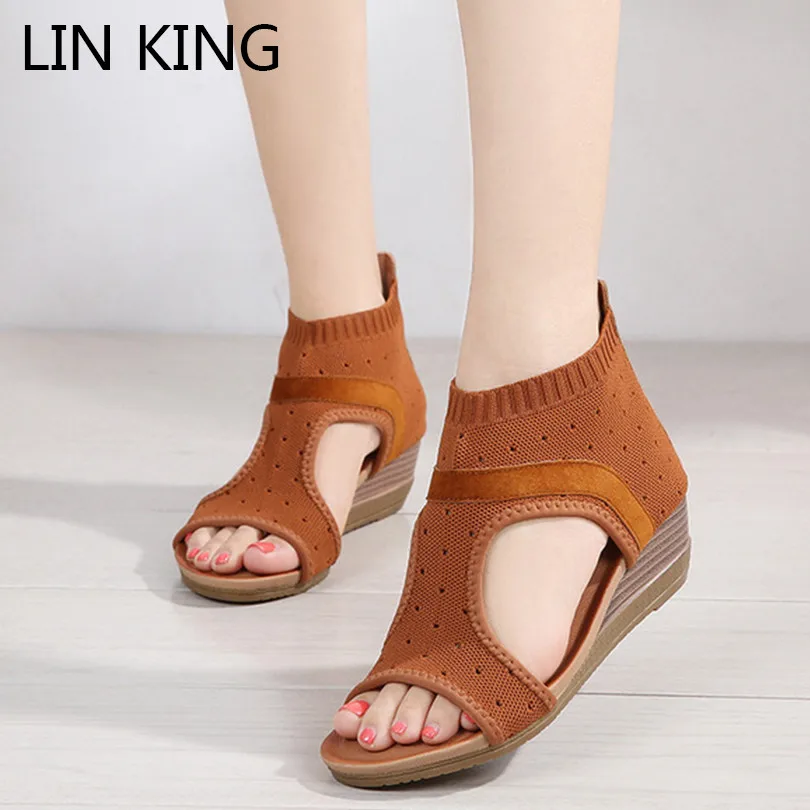 

LIN KING Breathable Knit Women Sandals Big Size Slip On Lady Summer Wedges Shoes Open Toe Round Toe Girls Outdoor Casual Sandals