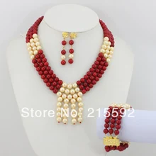 Эффектное колье, в нигерийском стиле, Африканский бисер, Свадебный комплект ювелирных изделий, красное украшение с коралловыми бусинами, ожерелье, бусы, ювелирный набор,, CJ086