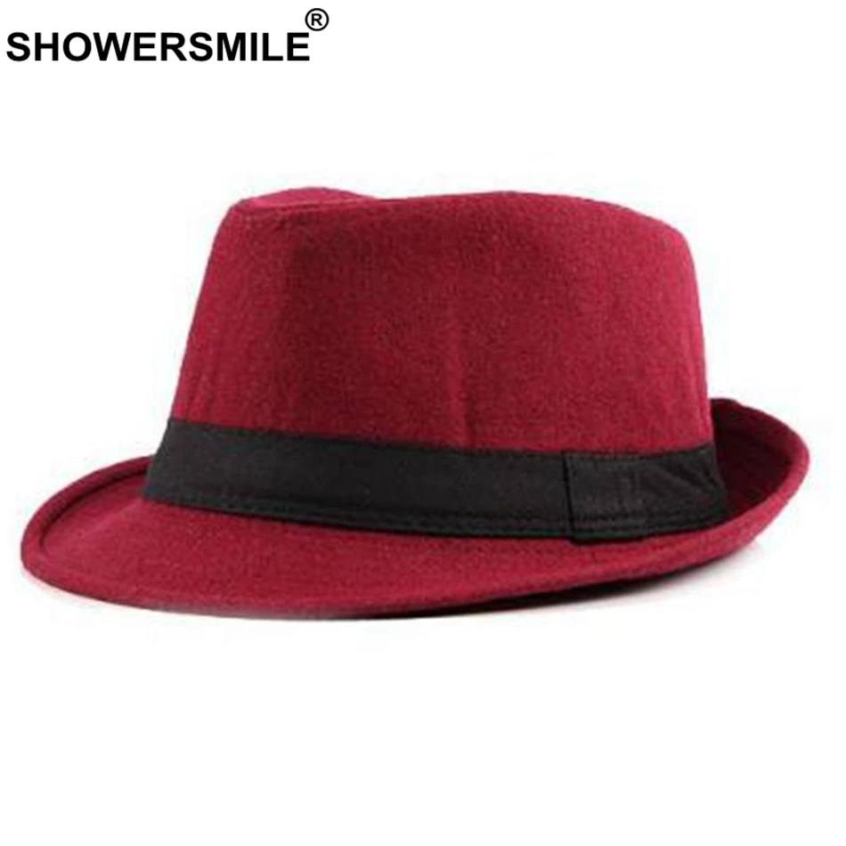 SHOWERSMILE бордовая фетровая шляпа, Мужская винтажная шерстяная джазовая шляпа, Женская Повседневная Классическая Осенняя Кепка и шляпа в британском стиле, нежная Мужская Новинка