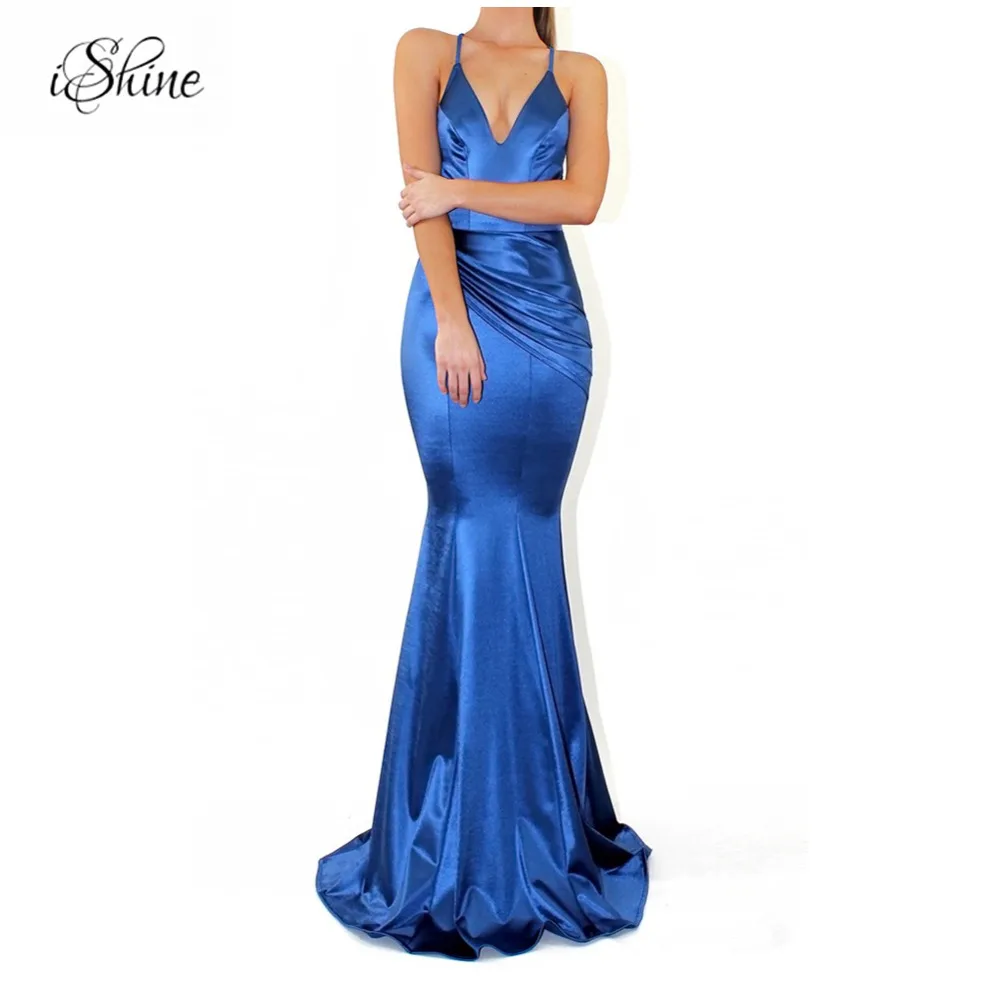 

Women V-Neck Backless Mermaid Evening Party Long Dress Elegant Vestido De Festa Prom Gowns Sexy Pleat Satin Strap Maxi Dresses