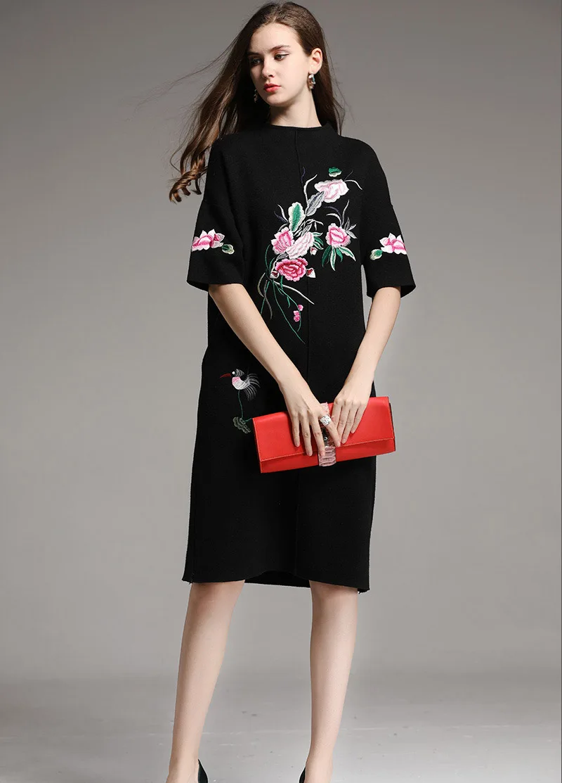 Embro Mill осеннее базовое платье в китайском стиле винтажное Королевское Платье с вышитыми цветами элегантное женское свободное шерстяное вязаное платье M-XXL