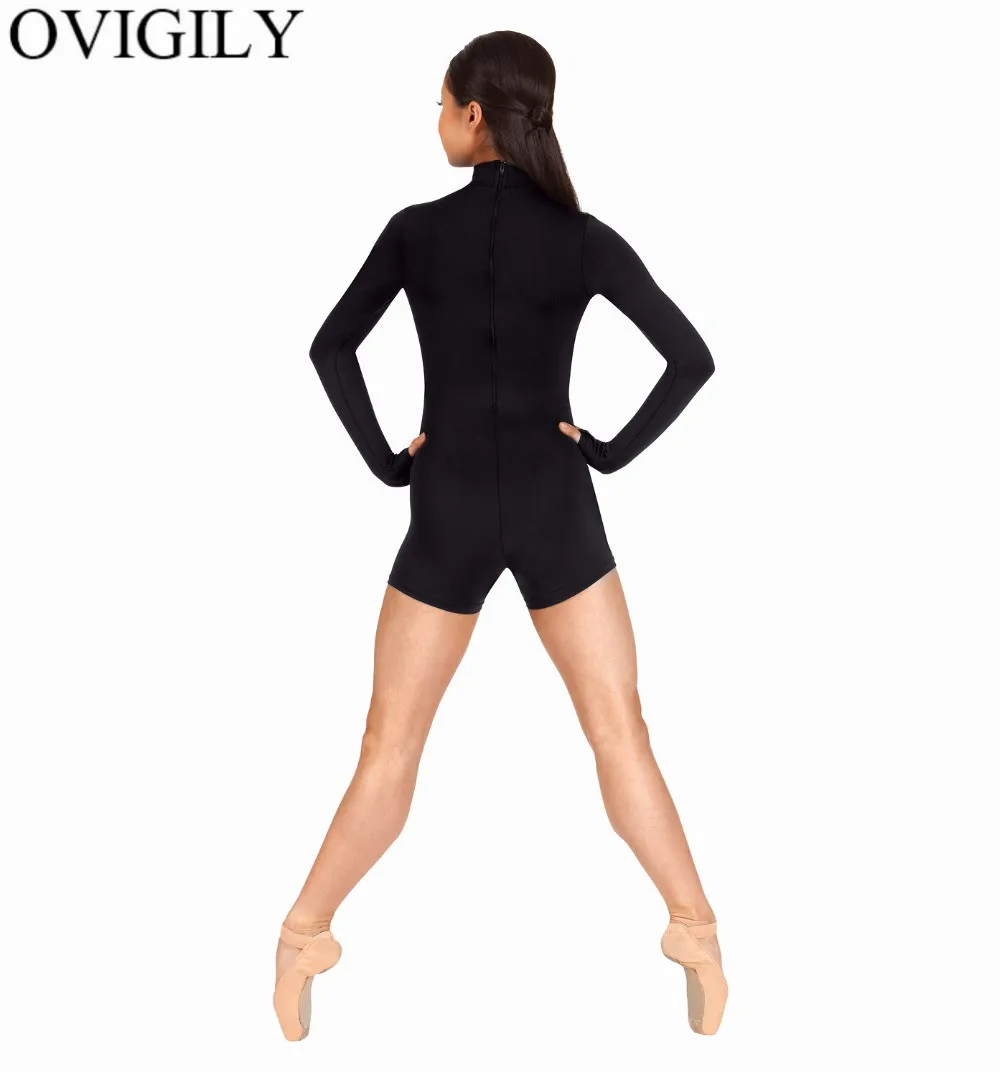 OVIGILY Adults Long Sleeve Mock Neck Shorty Unitard with Thumbholes Womens Black Gymnastics Unitards Dancewear Biketards Rompers