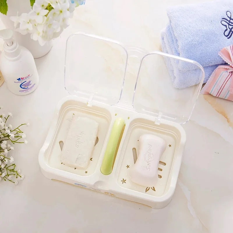 2 Grid Portable Soap Box With Lid and Handle Plastic Drain Soap Holder Tray Container Soap Storage Box Bathroom Accessories