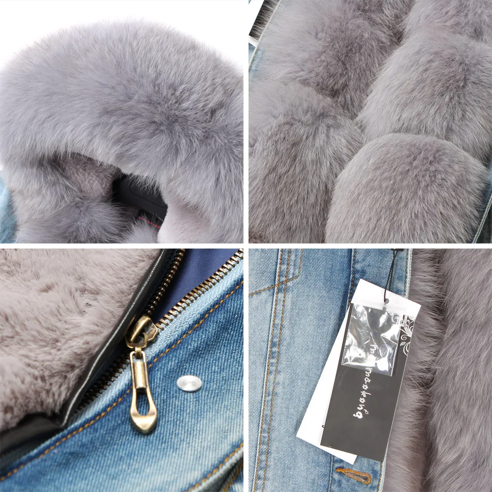 Женская джинсовая куртка Maomaokong свободная с большим меховым воротником и съемной