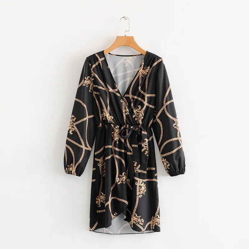 

2019 Euro Style women chain flower print vestidos cross v neck casual dress chic long sleeve elastic waist retro dresses DS2669