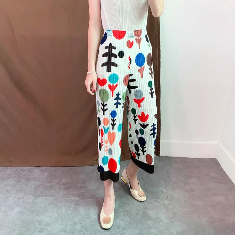 

LANMREM 2019 new summer and autumn fashion women pleated Japan styles vintage clothes high waist printed trousers WH35300