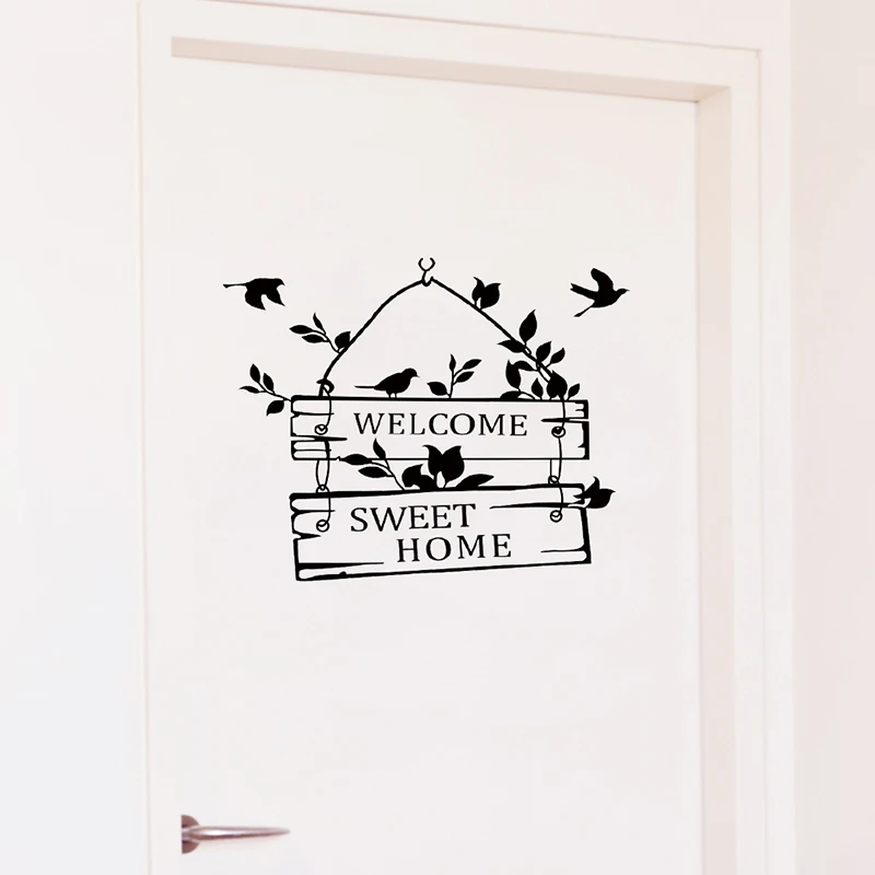 Welcome Sweet Home Door Sign Letters Birds Pattern Wall Stickers Accessories Vinyl Living Room Indoor Decor Wall Mural Art