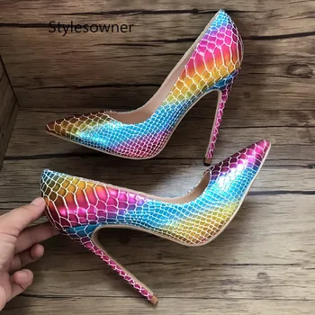 

Stylesowner Fashion Sexy Party Woman Shoes Pointed Toe High Heels Crocodile Printing Mujer New Brand Pumps Mixed Color Stilettos