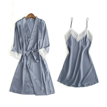 

BZEL 2019 New Fashion Silk Satin Women Pajamas Set Lady Soft Robe Set V-neck Belt Bathrobe Lace Print Night Dress Sleepwear Set