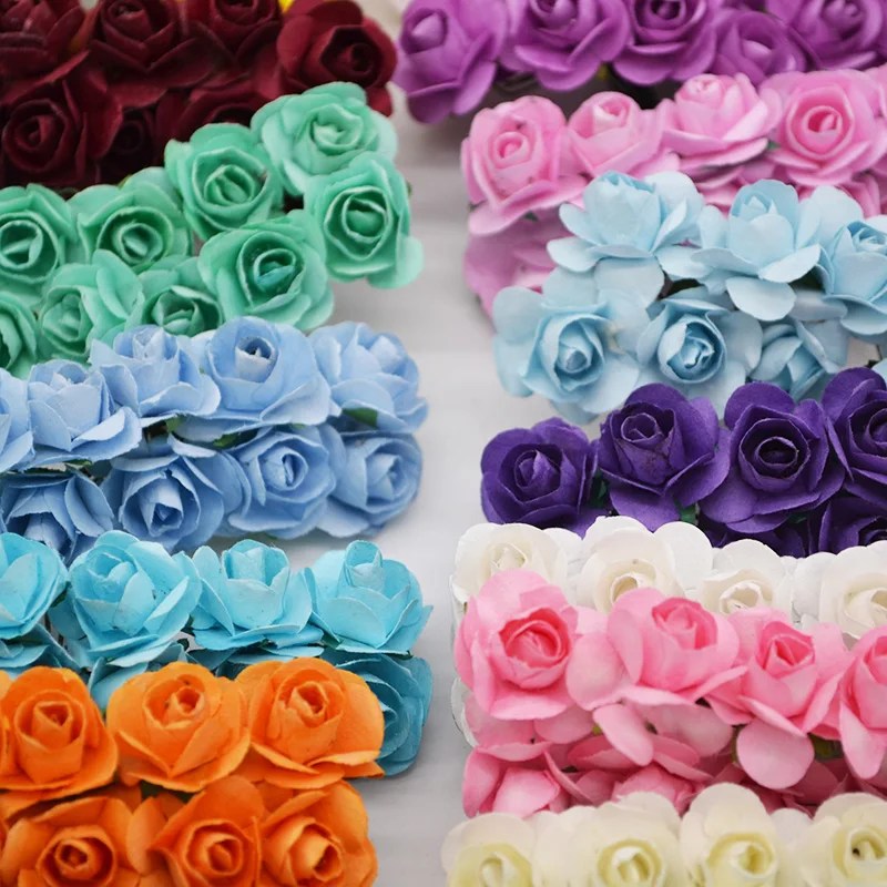 36/144pcs 1cm Cheap Artificial Paper Flowers for Wedding car fake Roses Decoration Candy box DIY Wreath Gift Scrapbooking Craft